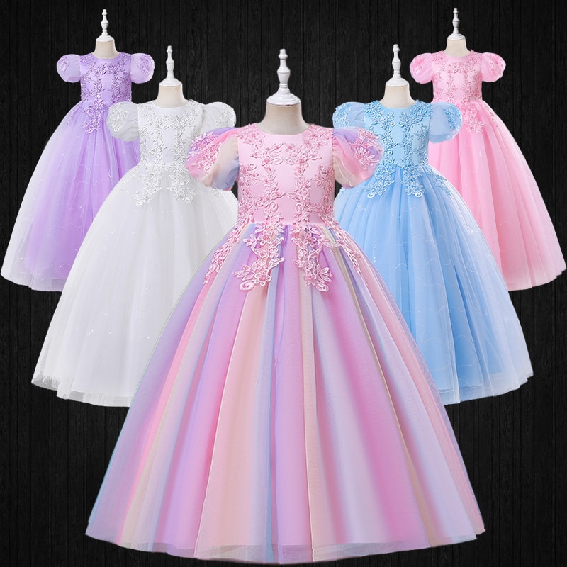 3-14 Years Children Puff Sleeve Rainbow Lace Flower Wedding Evening Occasion Dresses Girls Ceremony Embroidered Party Ball Gowns