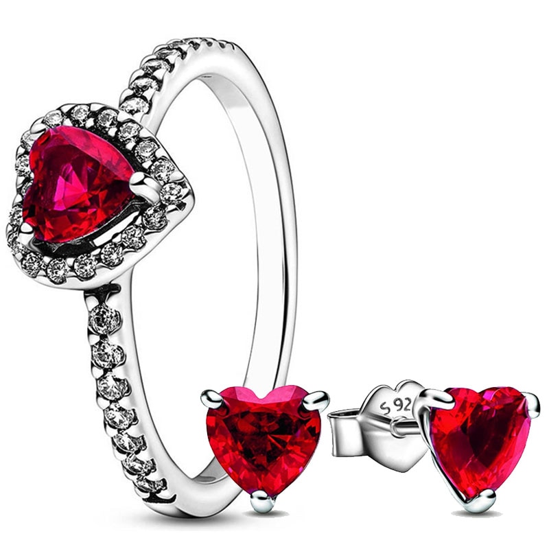 Original 925 Sterling Silver Elevated Red Heart Ring Earring With Crystal For Women Valentine's Day Jewelry