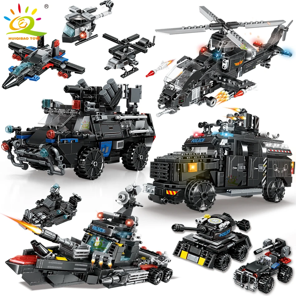 HUIQIBAO 4in1 Swat Police Series Building Blocks with Policeman Bricks Truck Ship Car City