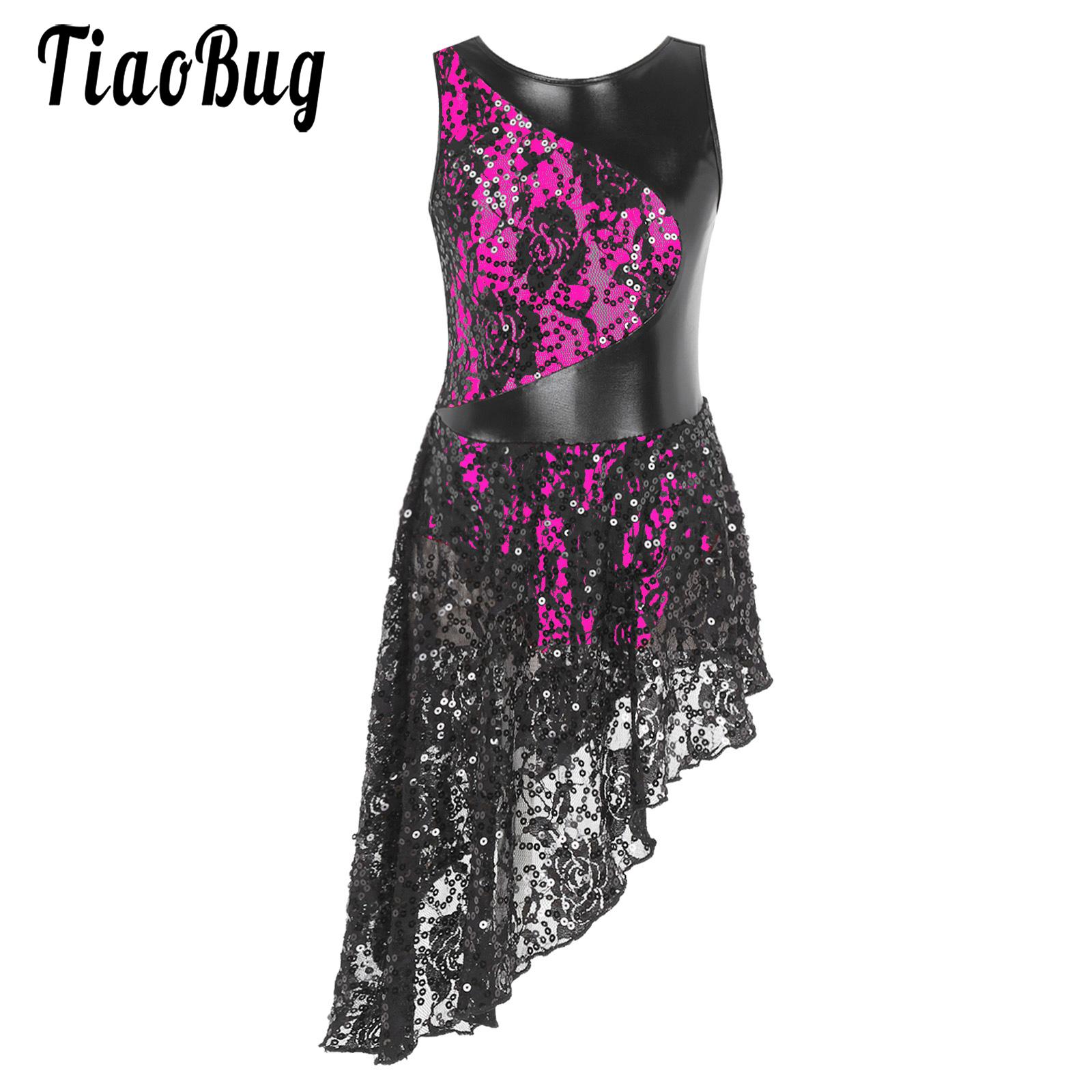 Girls Kids Dance Figure Skating Leotard Ballet Dress Shiny Sequin Latin Modern Dancewear Irregular Hem Party Performance Costume