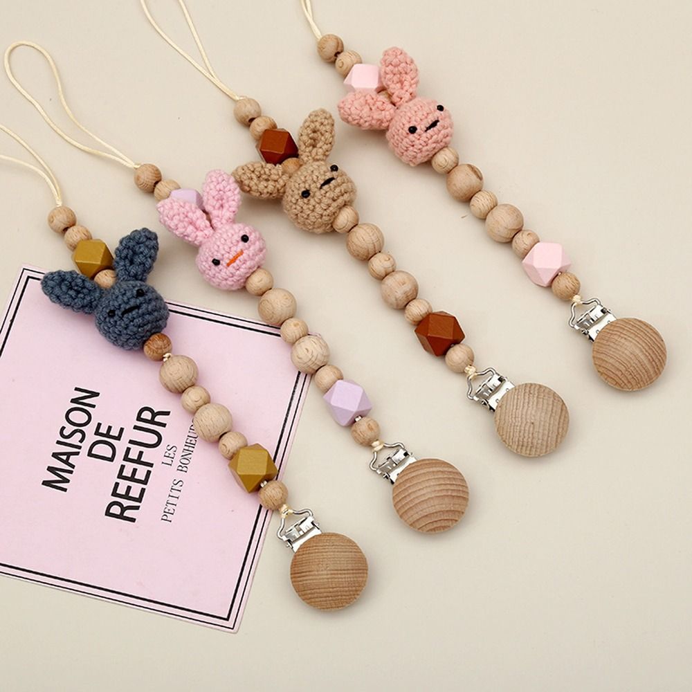 2023Baby Beech Wood Pacifier Clip Newborn Pacifier Chain Nipple Holder Toddler Cute Knitting Wool Rabbit Soother Holder