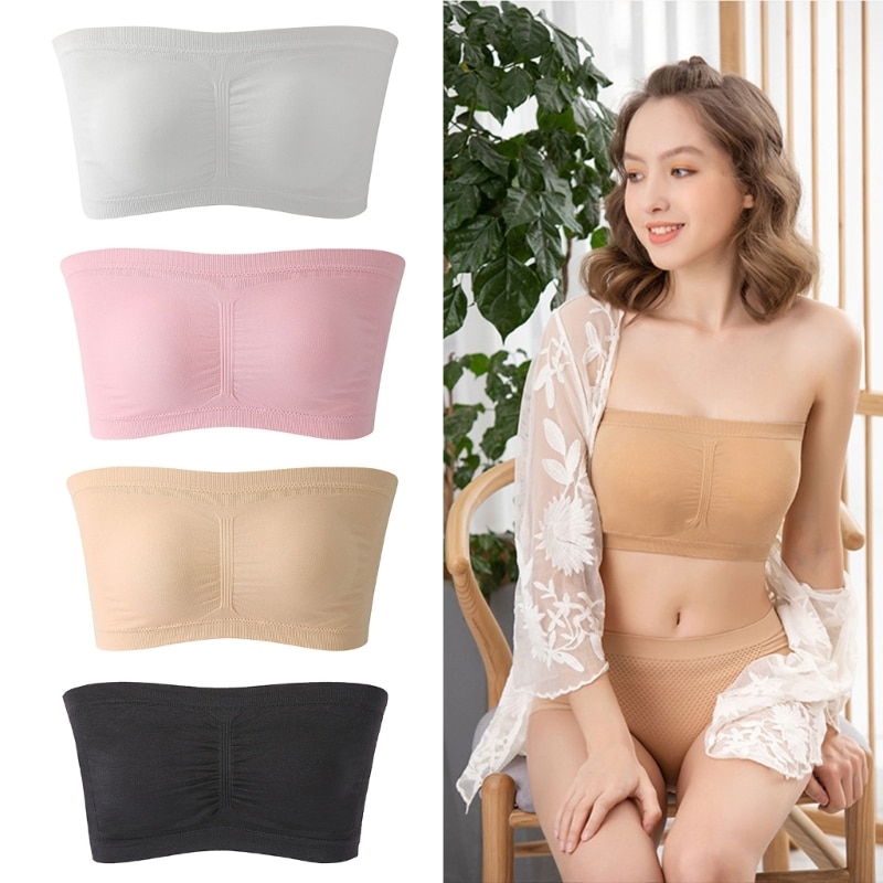 Womens Strapless Padded Bandeau Crop Tube Top Off Shoulder Solid Color Sport Bras Wrapped Chest Basic Bralette Underwear