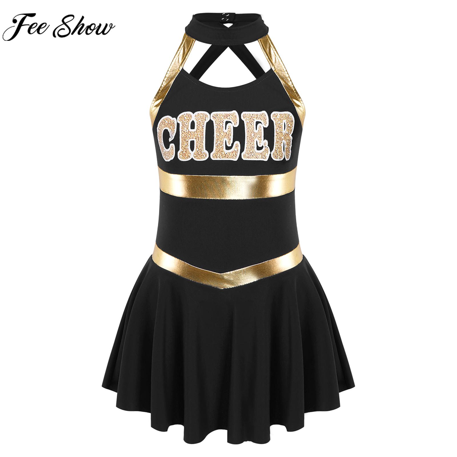 Kids Girls Cheerleading Dance Costume Sleeveless Letter Print Hollow Dress Schoolgirl Cheer Sport Meeting Cosplay Party Clothes