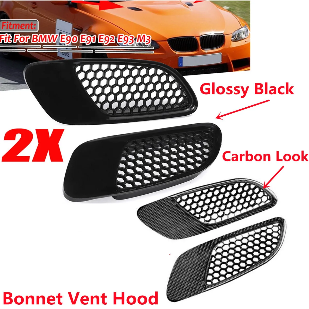 Glossy Black/Carbon Fiber Engine Hood Vent Louvers Air Scoop Bonnet Vent Cover For BMW E90 E91 E92