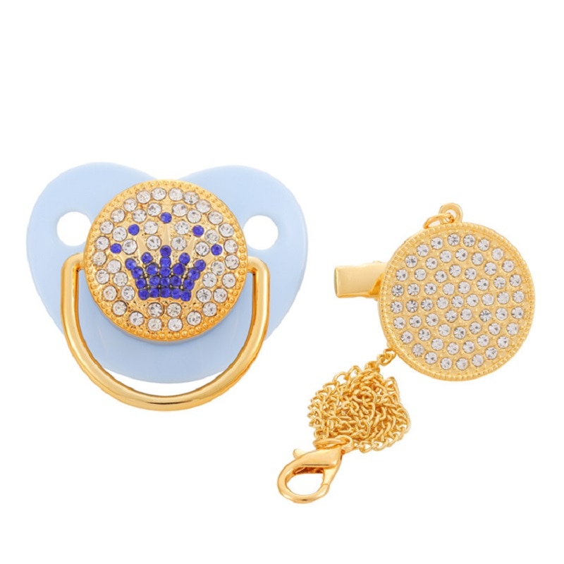Crown Pattern Gold Bling Baby Pacifier + Clip BPA Free Silicone Infant Nipple Newborn Dummy Soother Baby Shower Gift - 0-18M