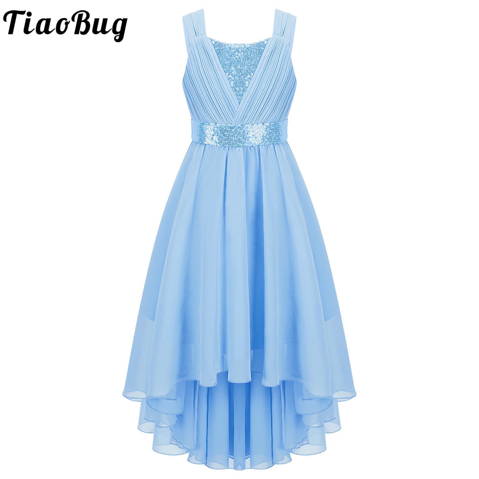 Kids Girls Sequins Ruched Cocktail Birthday Party Wedding Bridesmaid Dress Sleeveless High-low Hem Summer Chiffon Princess Dress