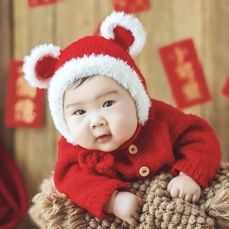 Chinese New Year Baby Photo Clothing Studio Infant Photography Red Knit Hat Jumpsuit Newborn Shoot Props Accessories Costume