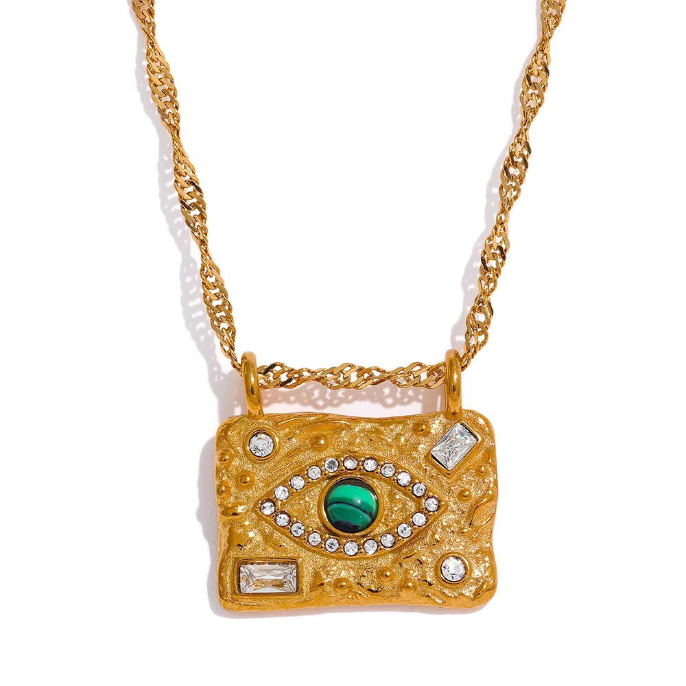 Yhpup Vintage Fashion Stone Eye Bead Zircon Square Pendant Stainless Steel Luxury Necklace for Women