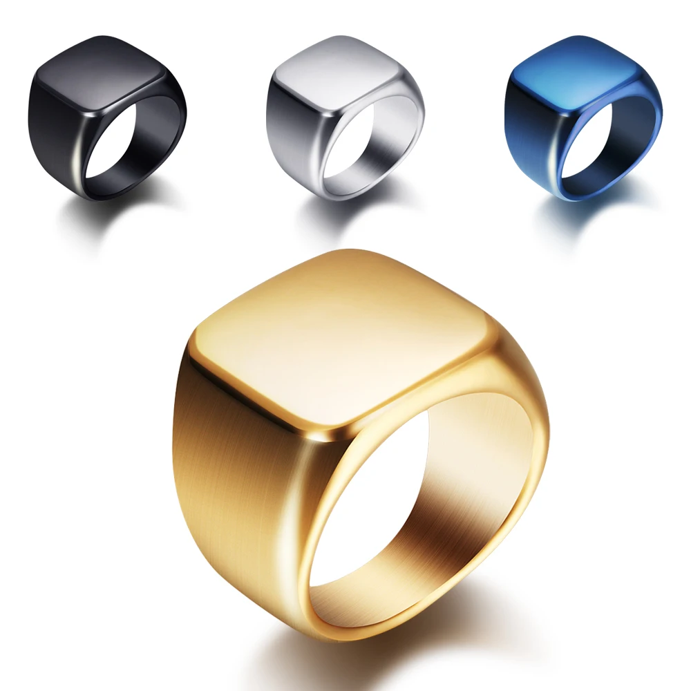 Free Engrave New Silver/Gold/Black/Blue Square Big Width Signet Rings Customized Fashion Finger Men