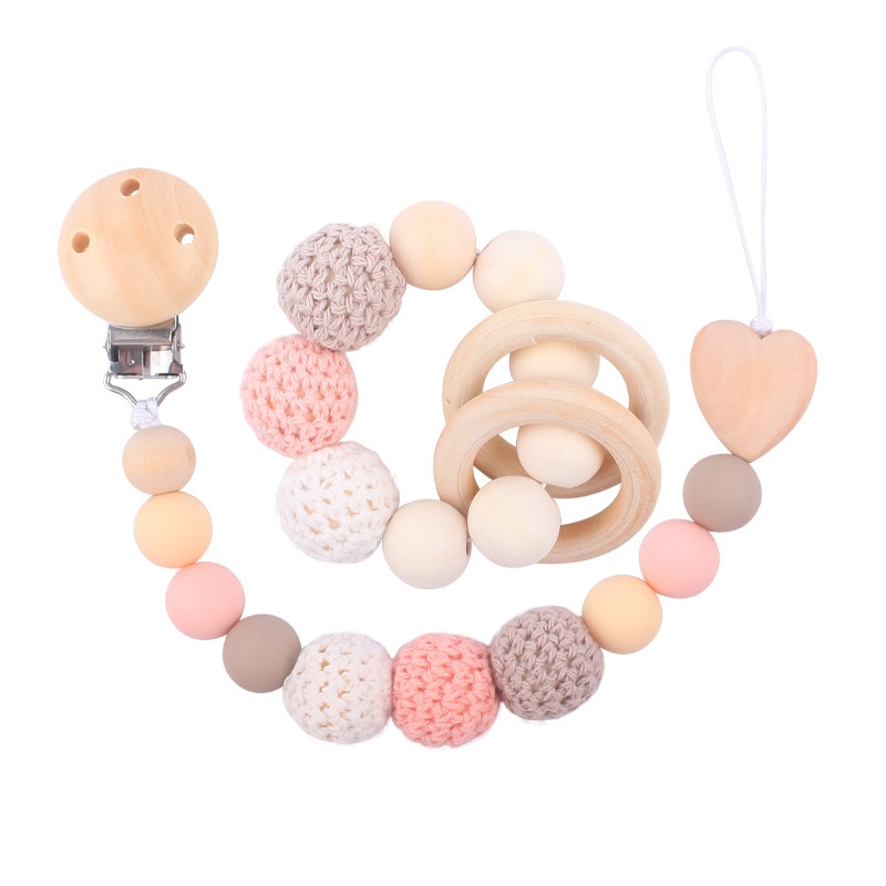 Wooden Chew Bead Pacifier Clips Newborn Soother Geometric Crochet Beads Bag Wood Teether for Baby Pacifier Holder Dummy Clips