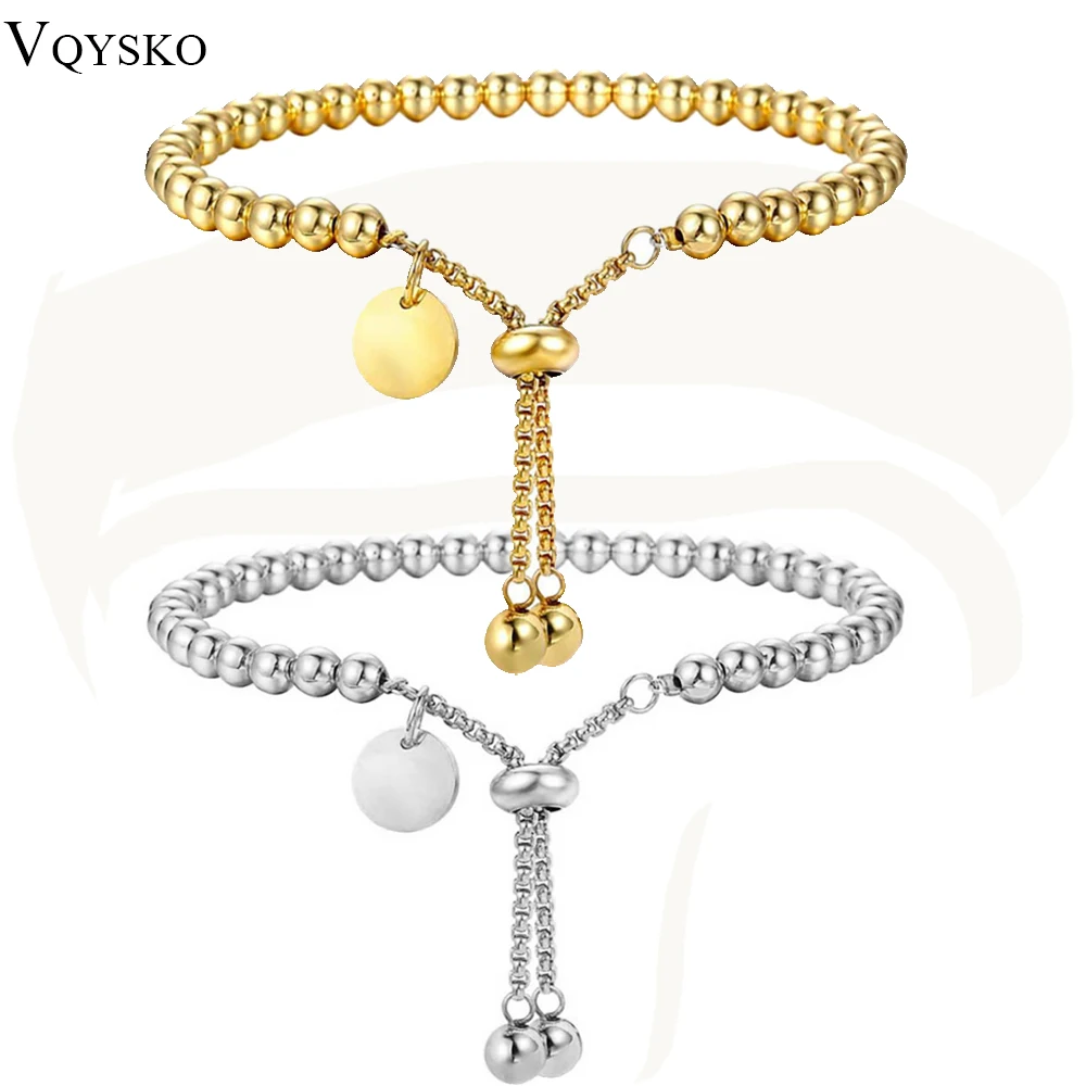 VQYSKO Fashion Stainless Steel Custom Bracelet Letter Tag Ball Beads Adjustable Women's Bracelet