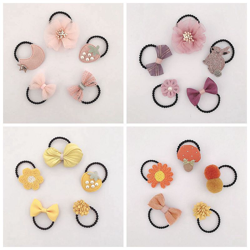 5pcs/set Baby Girls Elastic Hair Bands Bow Floral Heart Hair Rope Hair Tie for Baby Girls Headwear Kids Hair Accessories