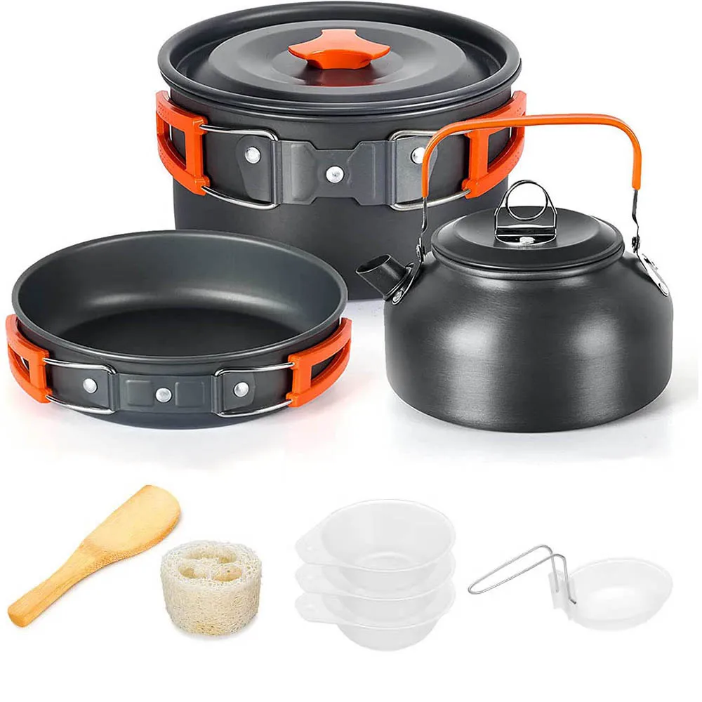 Aluminum Outdoor Camping Cookware Set with Mesh Bag Folding Cookset Camping Kitchen Cooking Teapot