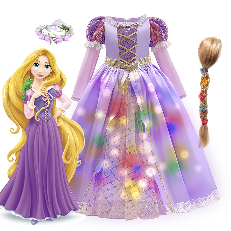 Disney Rapunzel Girl Princess Dress LED Light Up Children Party Cosplay Costume Long Sleeve Mesh Fancy Clothes Halloween Dress