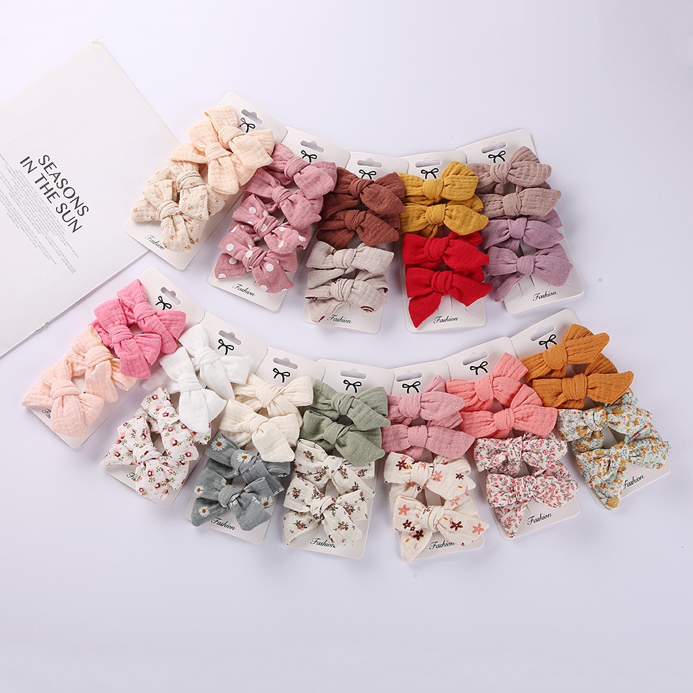 4Pcs/Set Baby Bows Hair Clips Muslin Girls Hairpins Hairclip for Kids Cotton Linen Barrette Flower Print Side Hair Accessories