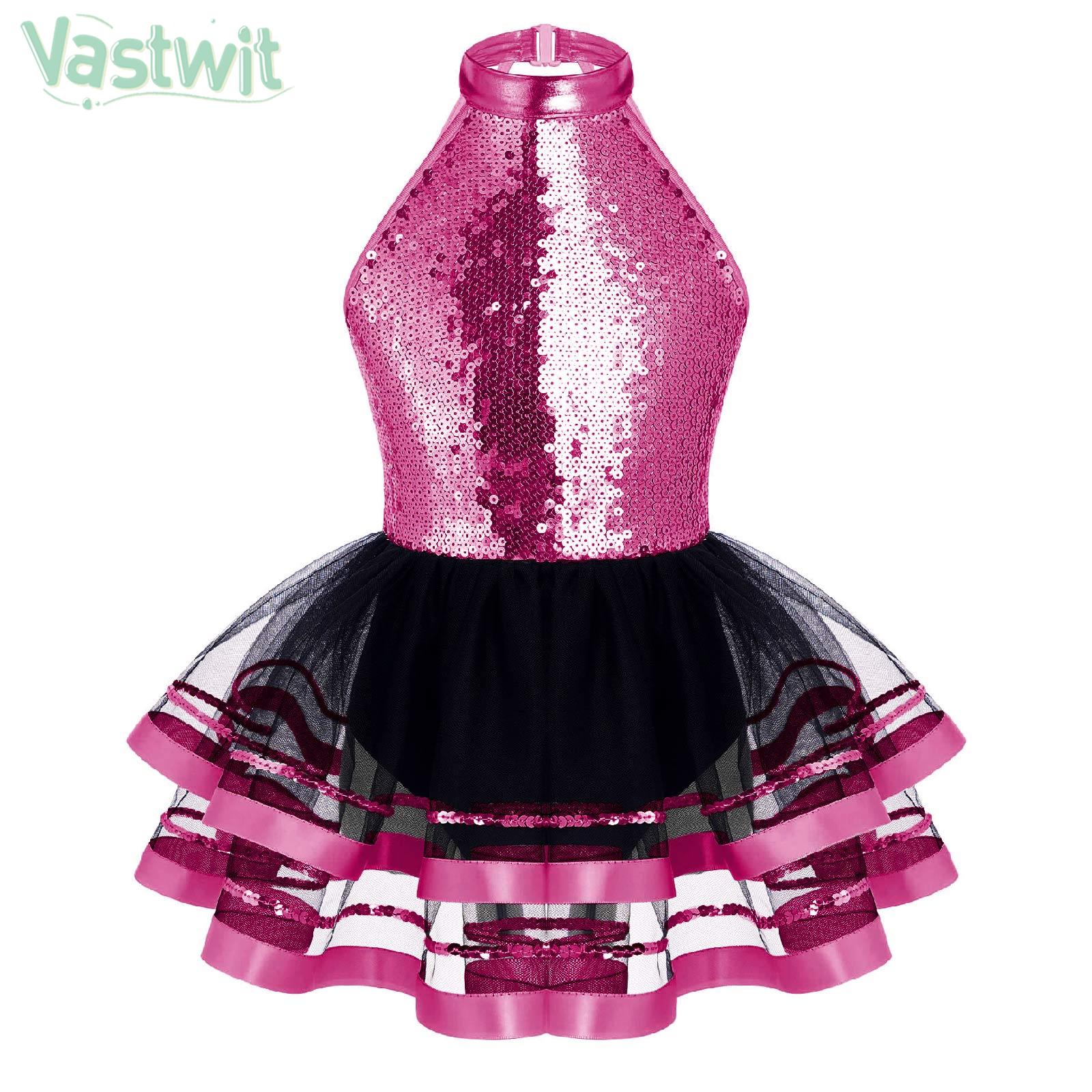 Girls Ballet Dance Gymnastic Dress Sleeveless Backless Shiny Sequin Leotard Tutu Dancewear Skating Stage Performance Costume
