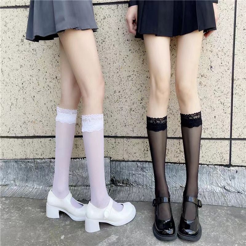 Summer Calf Socks JK Black Silk Stockings Transparent Lace Mid-tube Knee-length Versatile Cute White Kawai Lorita Accessories