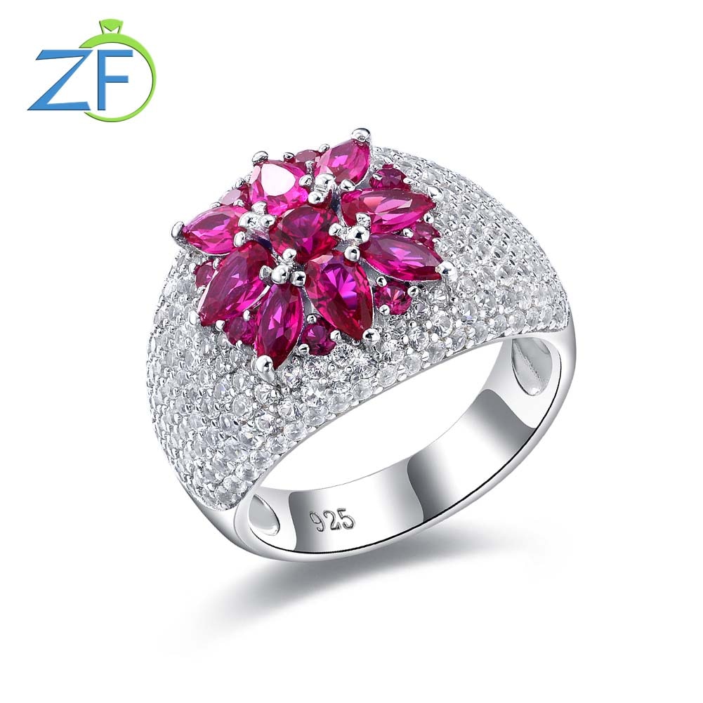 GZ ZONGFA Original 925 Sterling Silve Flower Ring for Women Created Ruby 2Carats Gemstone Elegant dainty Fine Jewelry