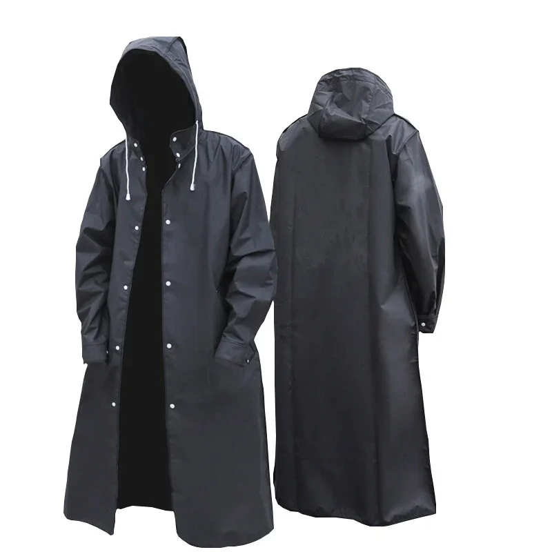 Black Fashion Adult Waterproof Long Raincoat Women Men Rain Coat Hooded For Outdoor Hiking Travel
