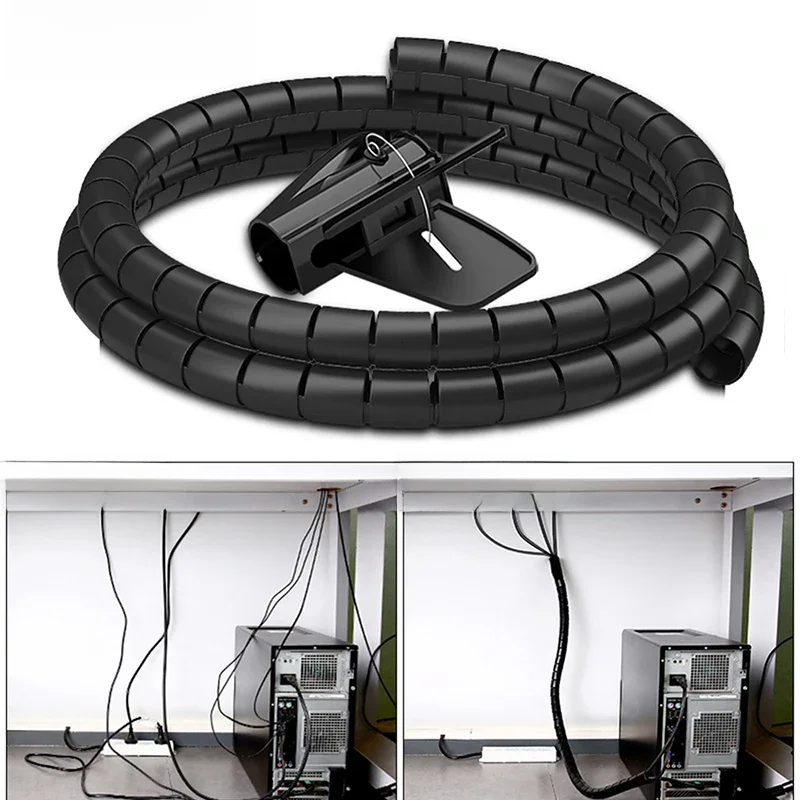 2M 16/10mm Flexible Spiral Cable Wire Protector Cable Organizer Computer Cord Protective Tube Clip
