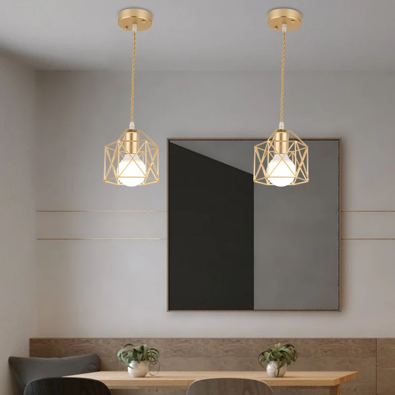 Modern LED Pendant Light Iron Gold Black Minimalist Metal Cage Pendant Lamp Living Room Restaurant