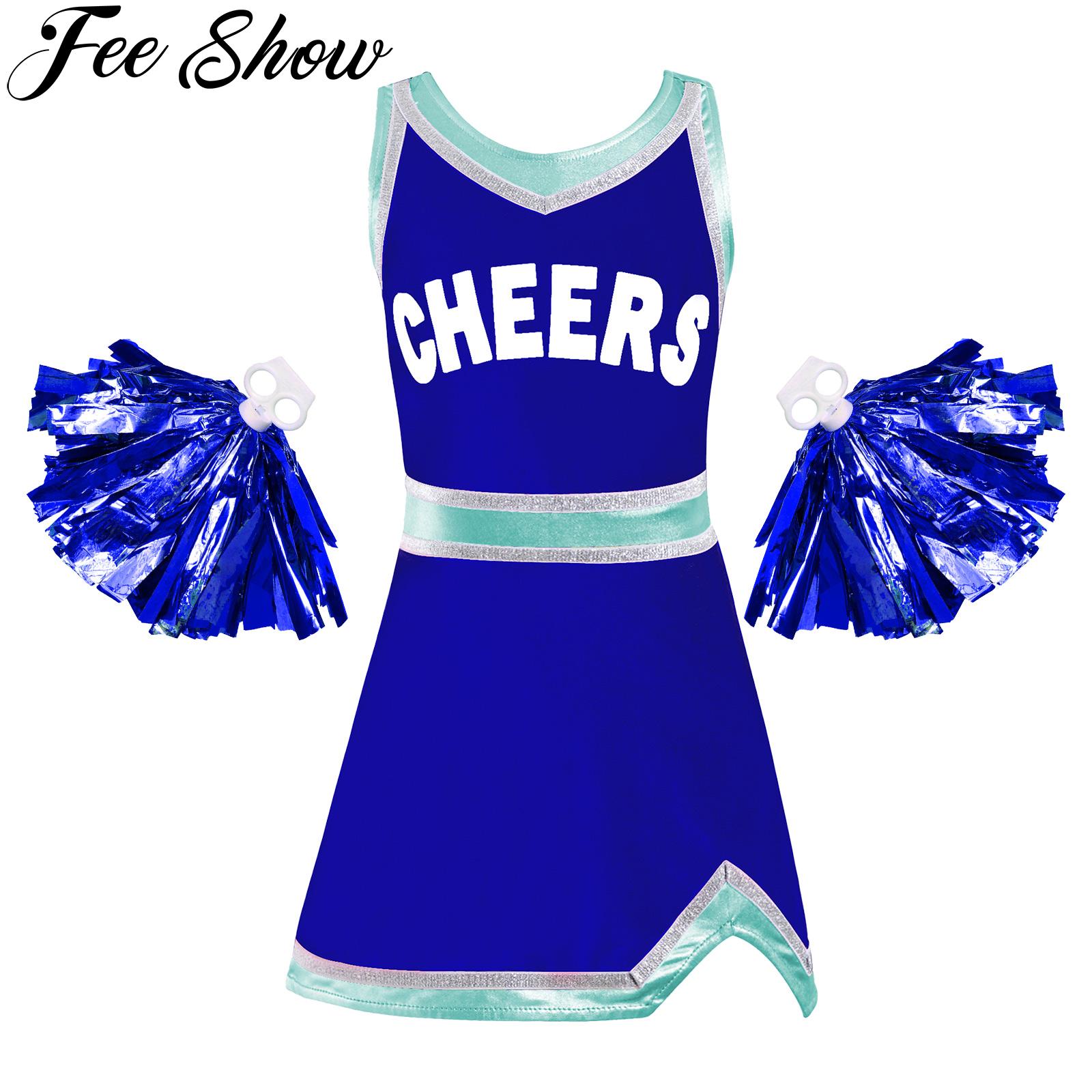 Girls Cheerleading Uniform Dance Costume Kids Cheerleader Outfit Sleeveless Letters Printed Patchwork Dance Dress with Pompoms