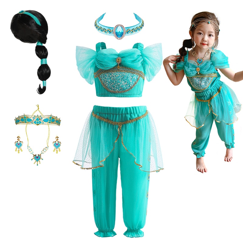 2Pcs Fancy Girl Cosplay Princess Jasmine Costume Halloween Carnival Kids Shoulderless Dance Birthday Party Aladdin Clothing Set