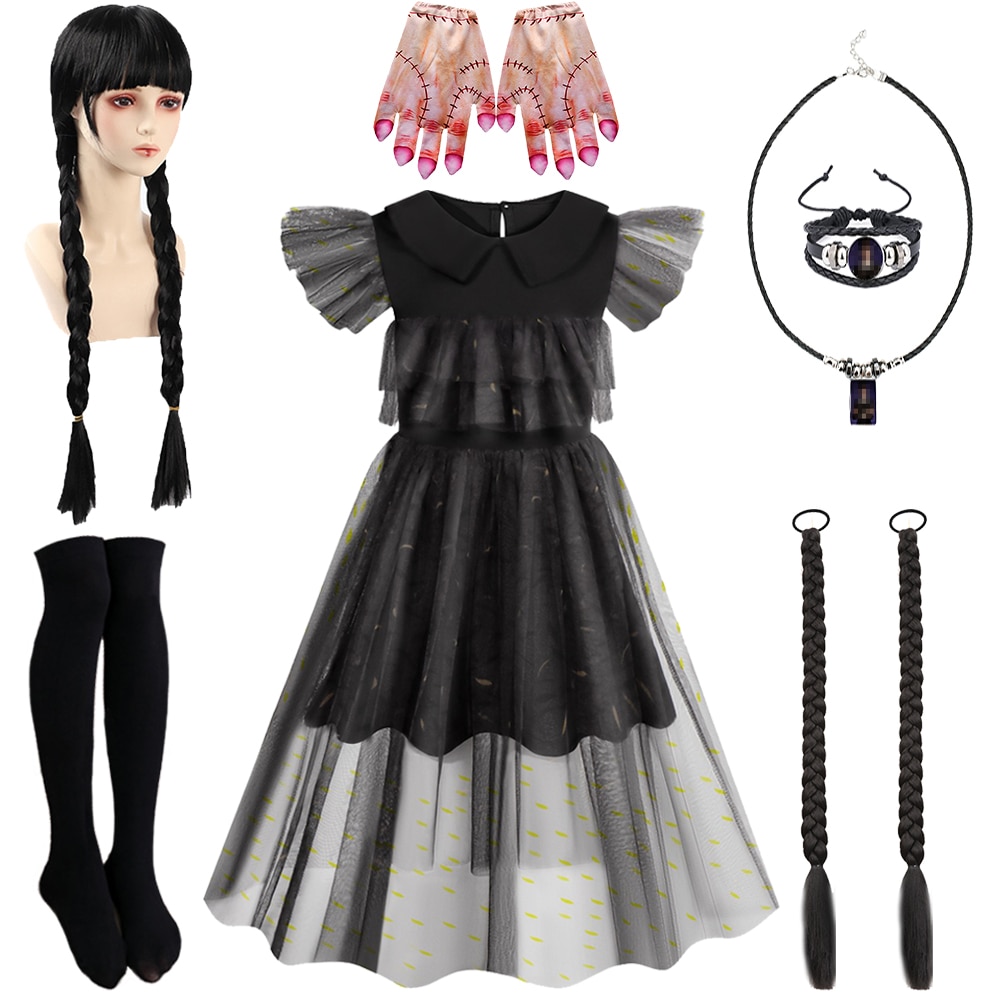 2023 Carnival Party Girls Wednesday Dress Up Christmas Gothic Black Tulle Prom Dresses Child Addams Cosplay Costume Wig Necklace
