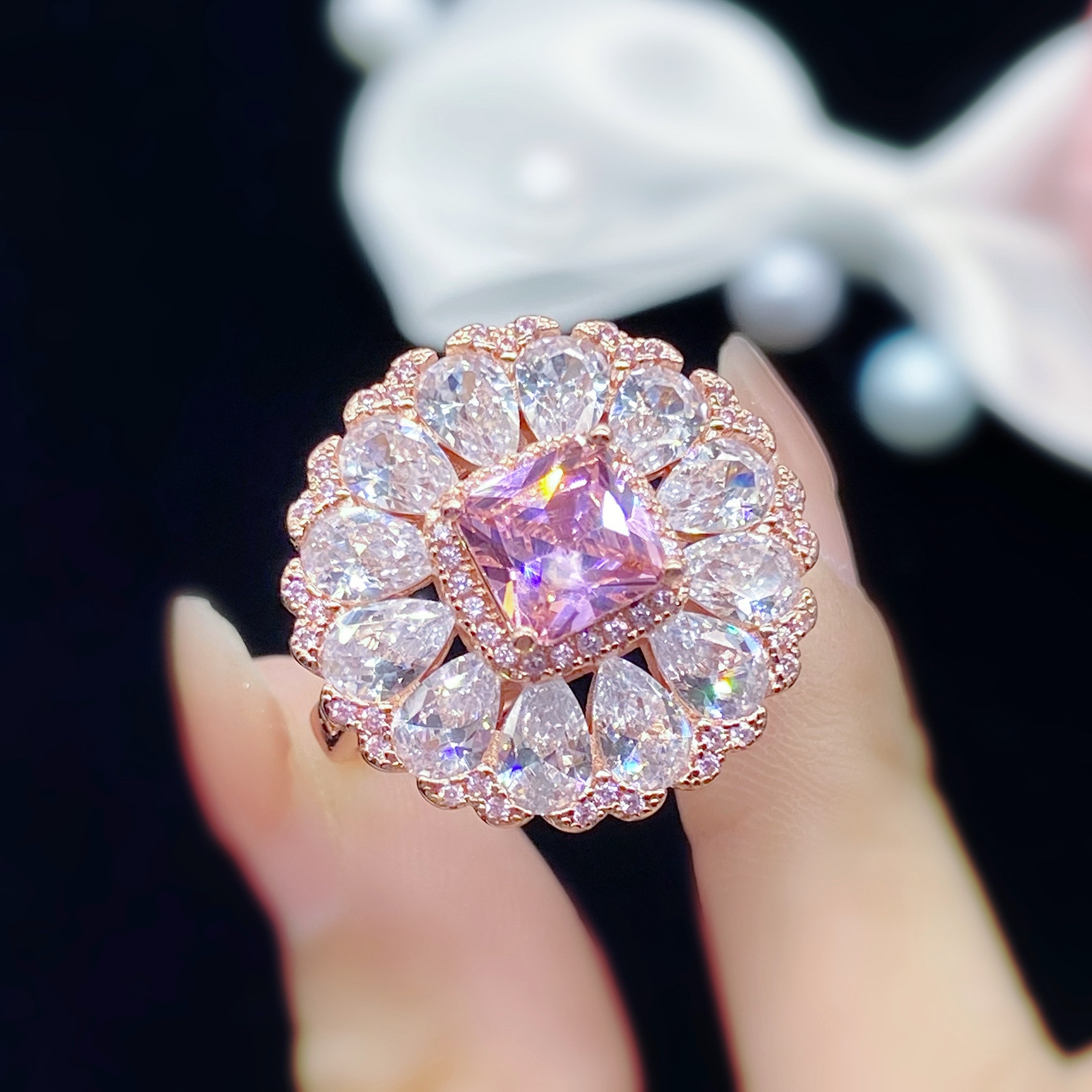 Pink Cubic Zirconia High-end New Product Color Separation Pink Tourmaline Colorful Treasure Full Diamond Open Ring Female