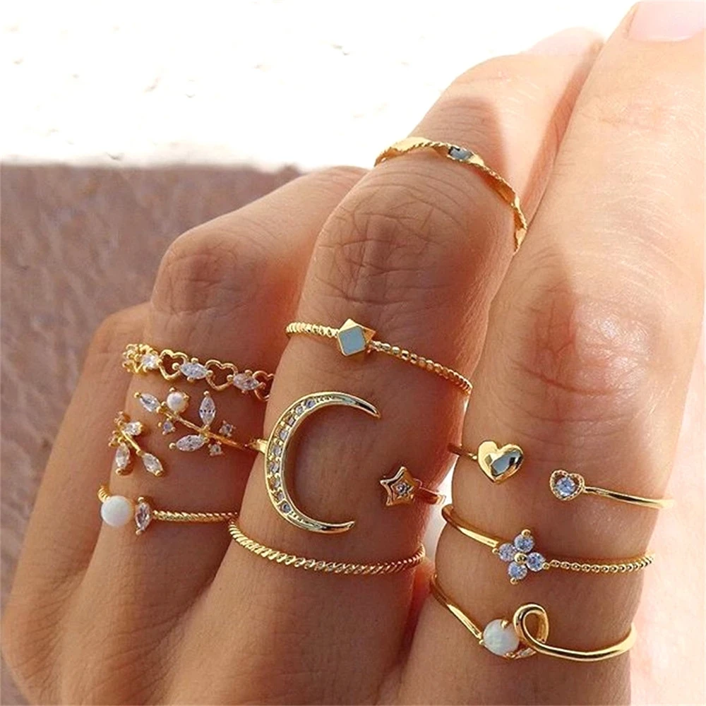 FNIO Bohemian Gold Color Chain Rings Set For Women Fashion Boho Coin Snake Moon Rings Party 2021