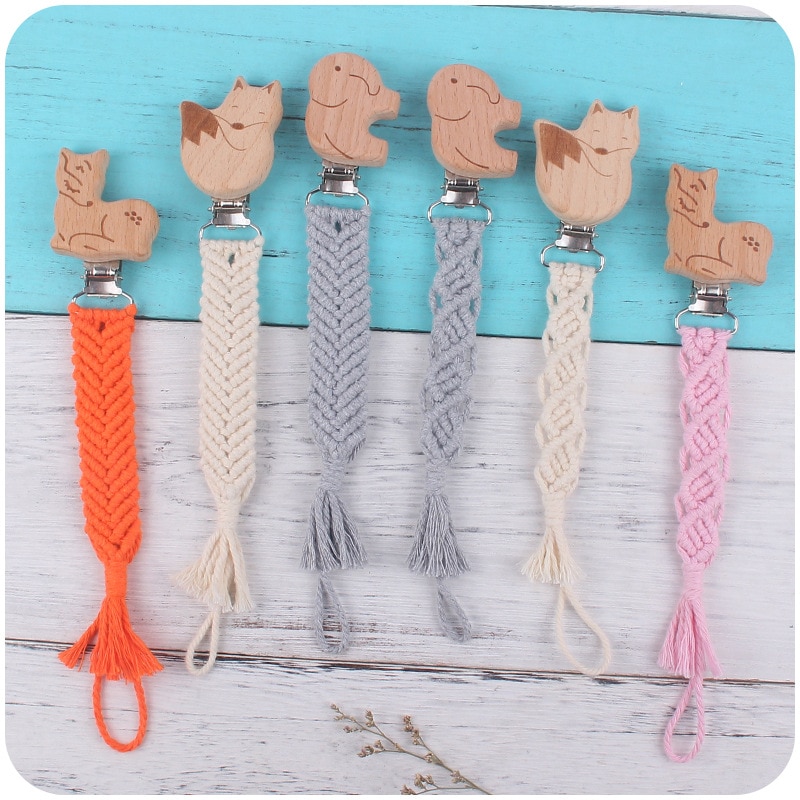 Handmade Cute Animal Wooden Clips Baby Pacifier Chain Anti-drop Dummy Clip Nipple Pacifier Holder Infant Teether Toys Baby Gift
