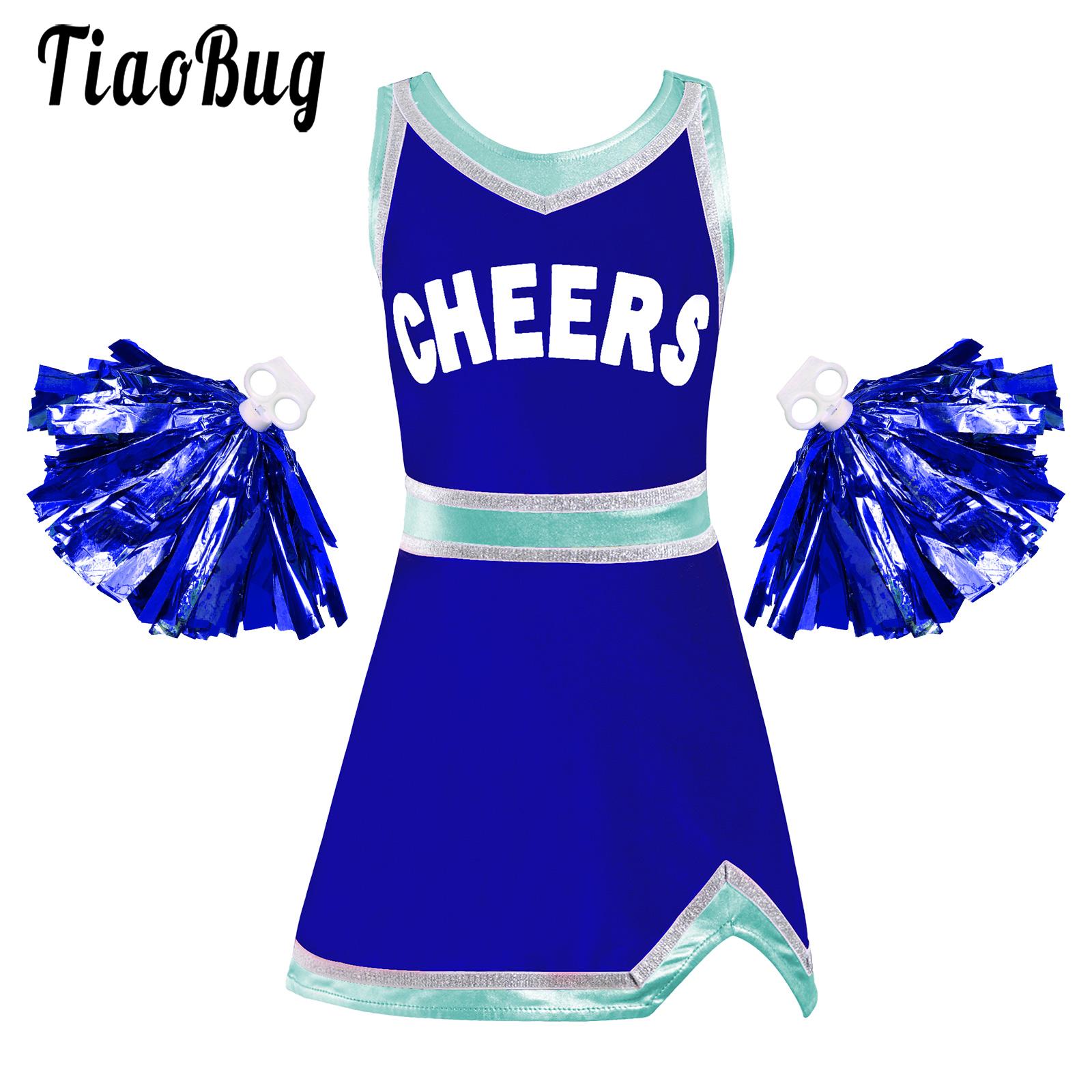 Girls Cheer Leader Cheerleading Costume Schoolgirl Uniform Carnival Party Halloween Costume Sleeveless Dress with 1 Pair Pompoms