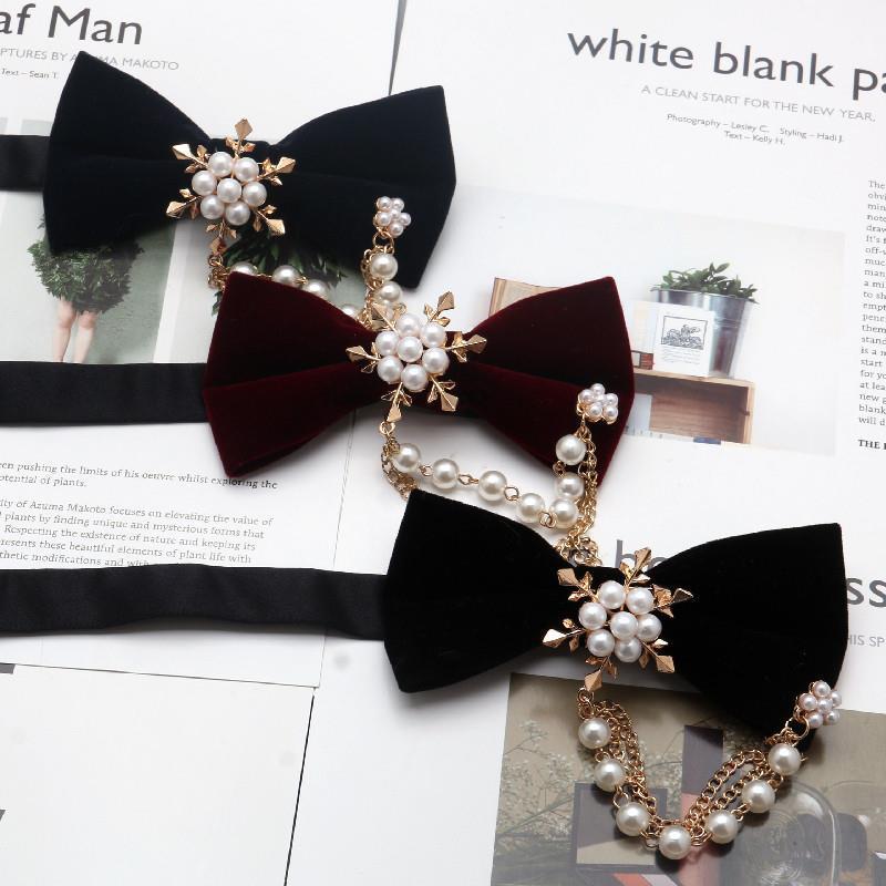 Bow tie new velvet snowflake pearl casual fashion butterfly street shot talent wine red bow tie