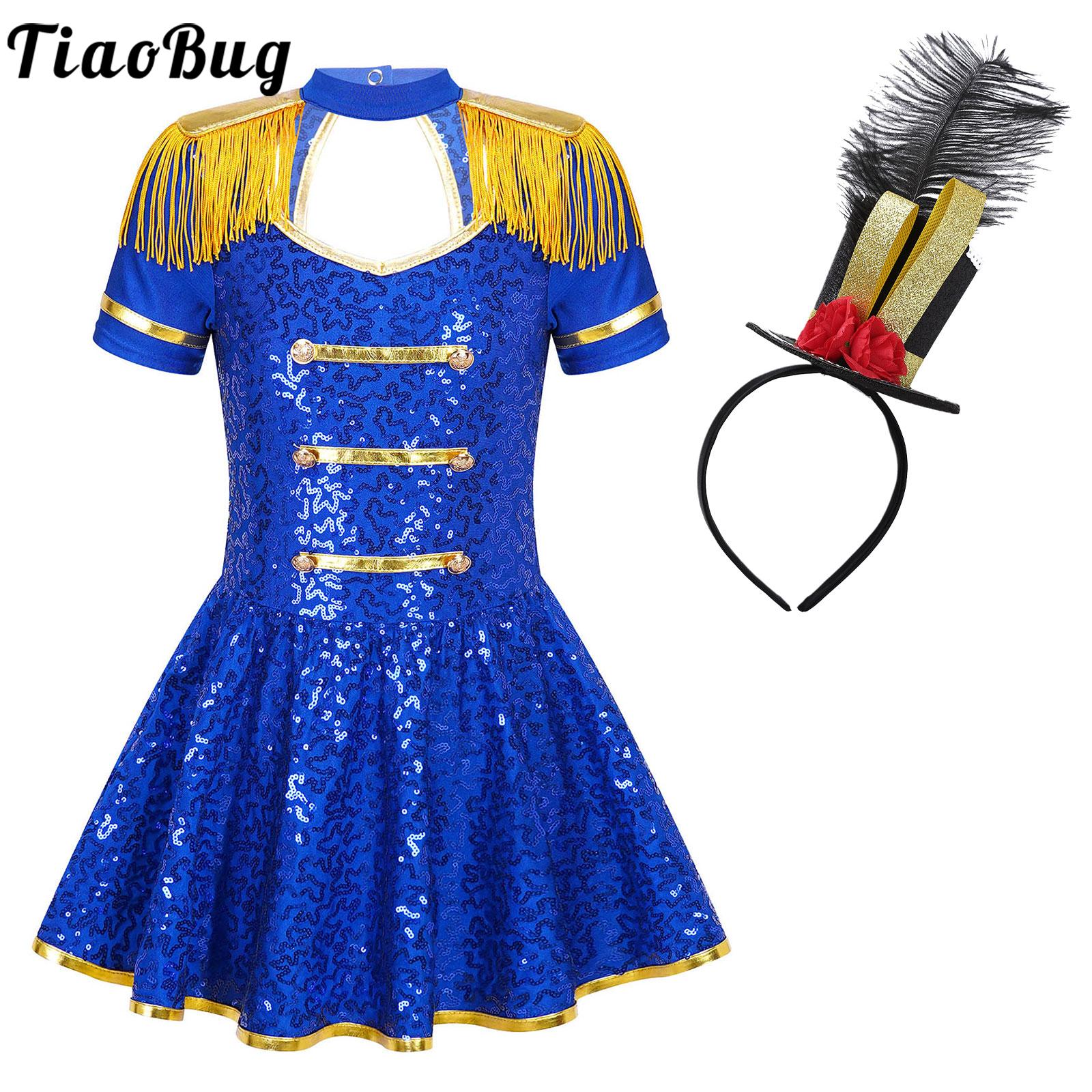 Kids Girls Sequins Drum Majorette Marching Band Costume Halloween Carnival Party Cosplay Circus Ringmaster Dress + Mini Top Hat