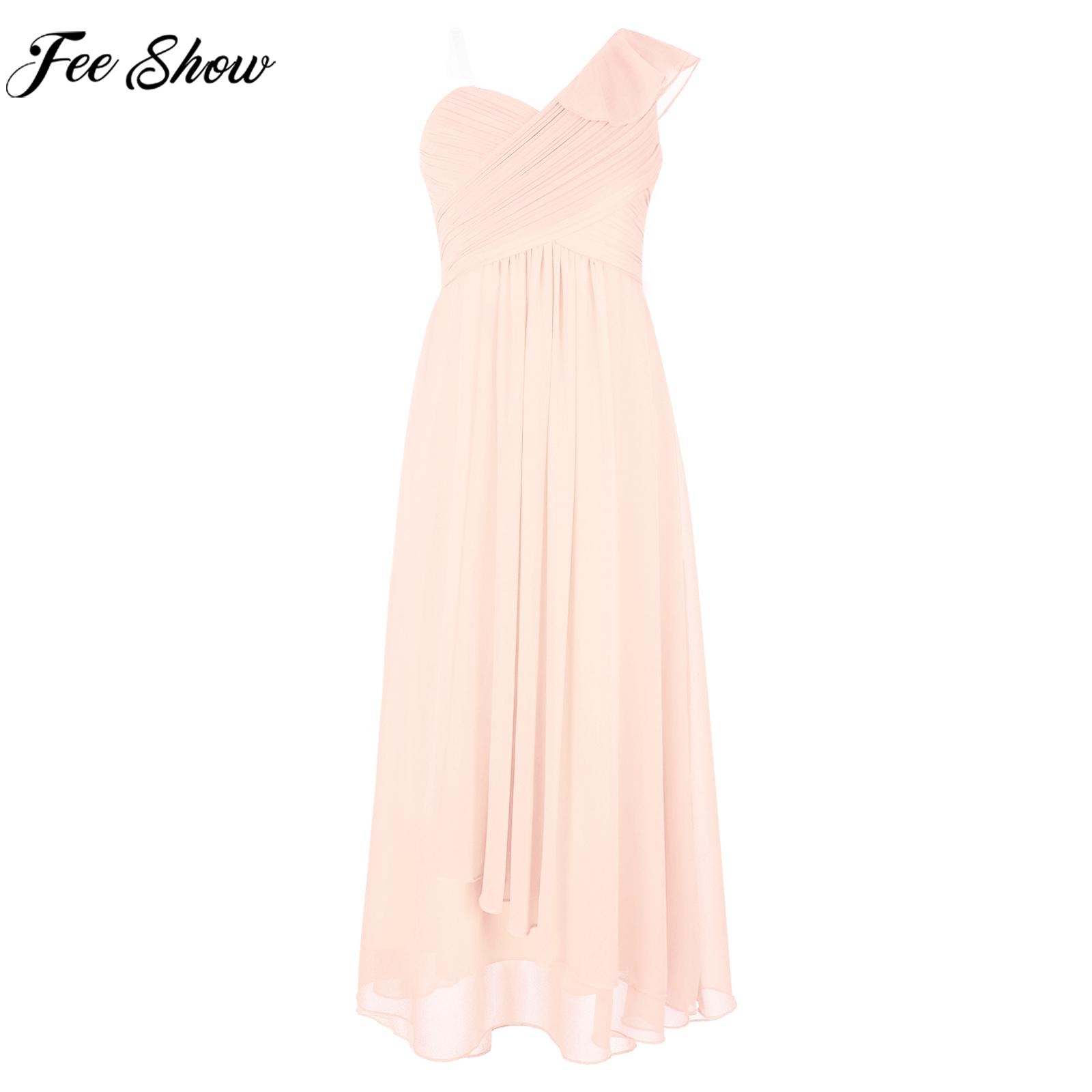 Girls Wedding Birthday Party Dress One-Shoulder Ruffle Ruched Elegant Chiffon Maxi Dresses for Bridesmaid Evening Prom Stage