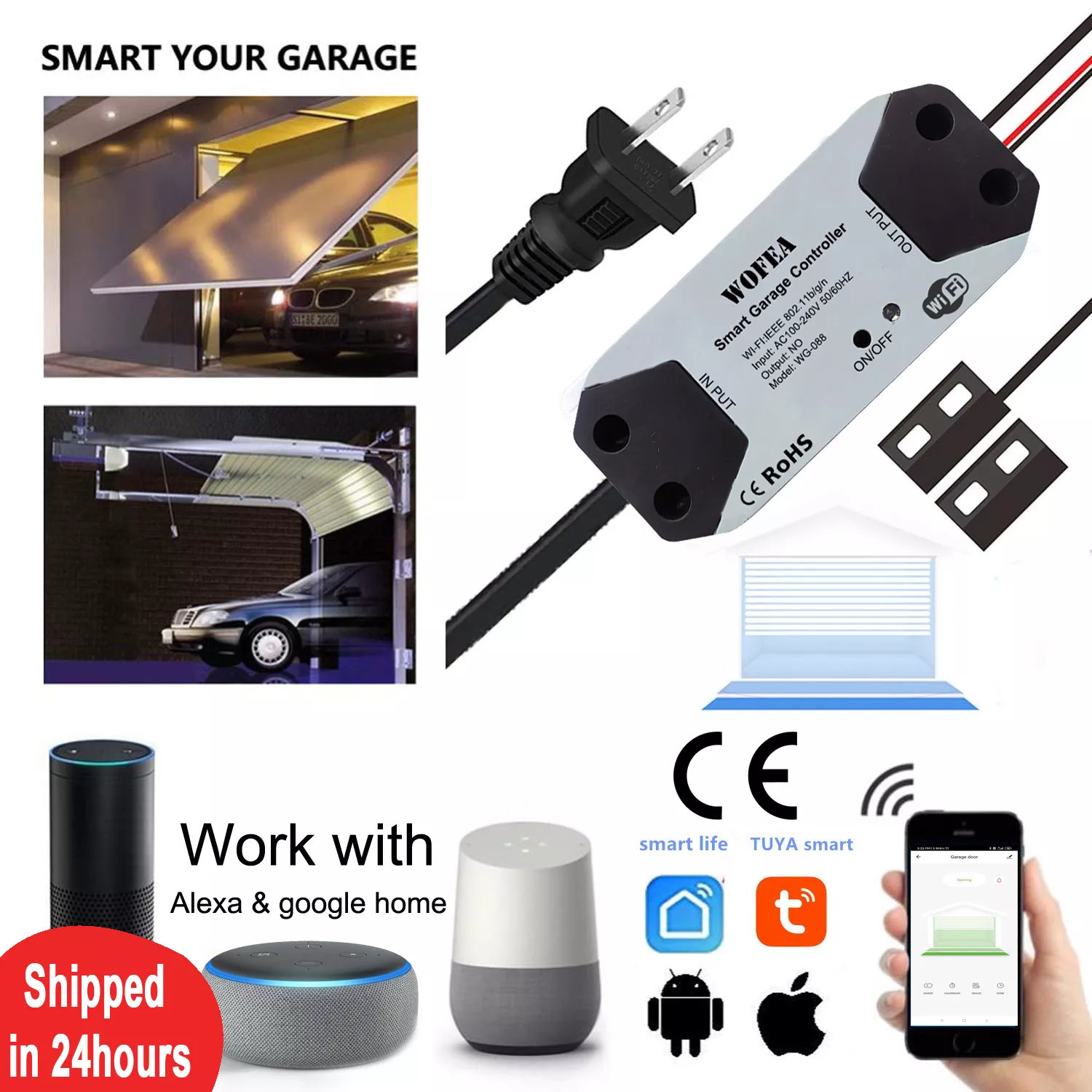 Wofea WiFi Switch Smart Garage Door Opener Controller Work With Alexa Echo Google Home