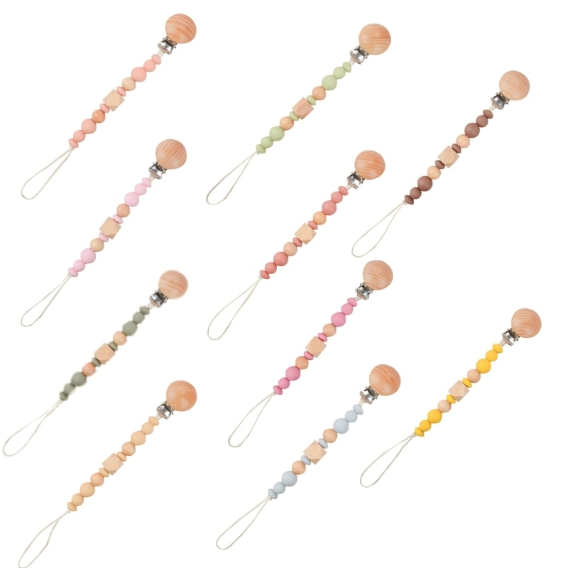 Silicone Bead Pacifier Clip for Baby Girl Boy Babies Wooden Soother Chain Holder