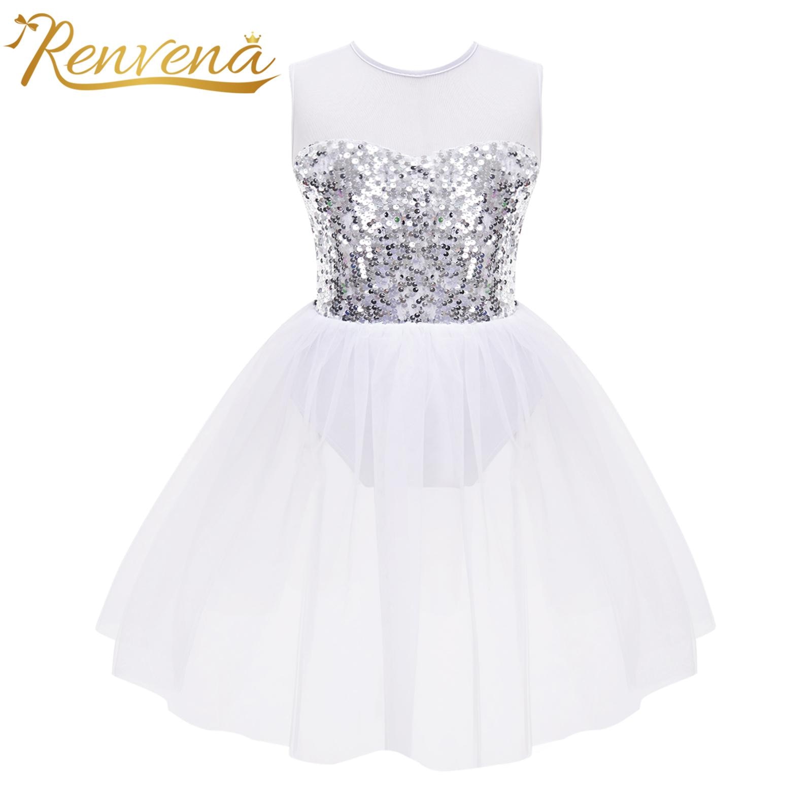 Mesh Tutu Ballet Dress Kids Girls Shiny Sequins Sleeveless Gymnastics Leotard Dress Children Lyrical Dance Costume Dance Wear