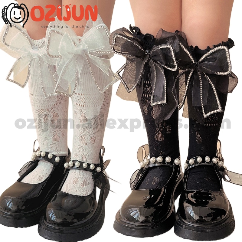 Lolita Style Rhinestone-embellished Border Large Organza Bow Lace-trimmed Mid-calf Socks for Girls 3-12 Years One Size Fits All