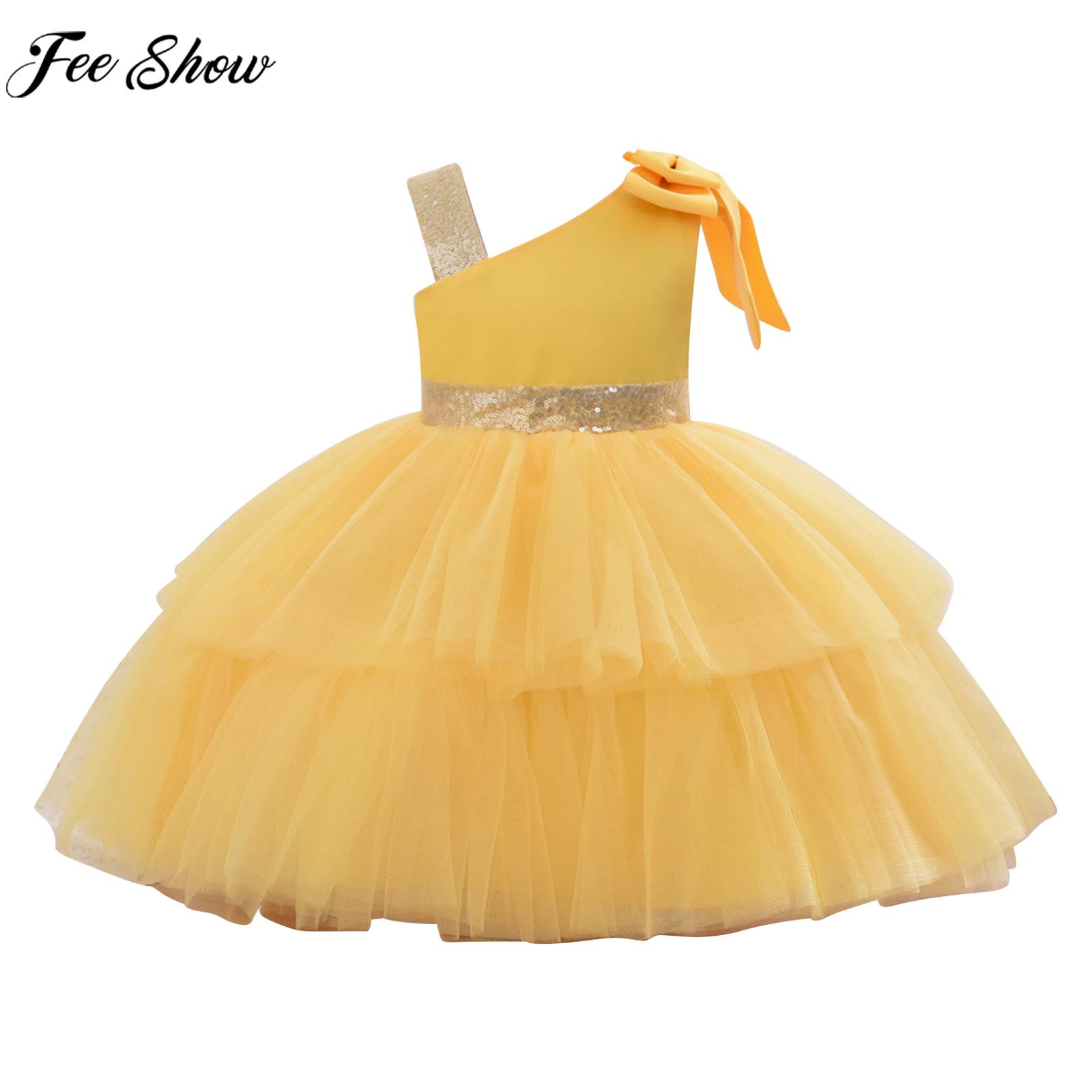 Infant Girls Baptism Birthday Party Dress Sleeveless Sequins Bowknot Mesh Tutu Princess Dress for Flower Girl Prom Stage Show