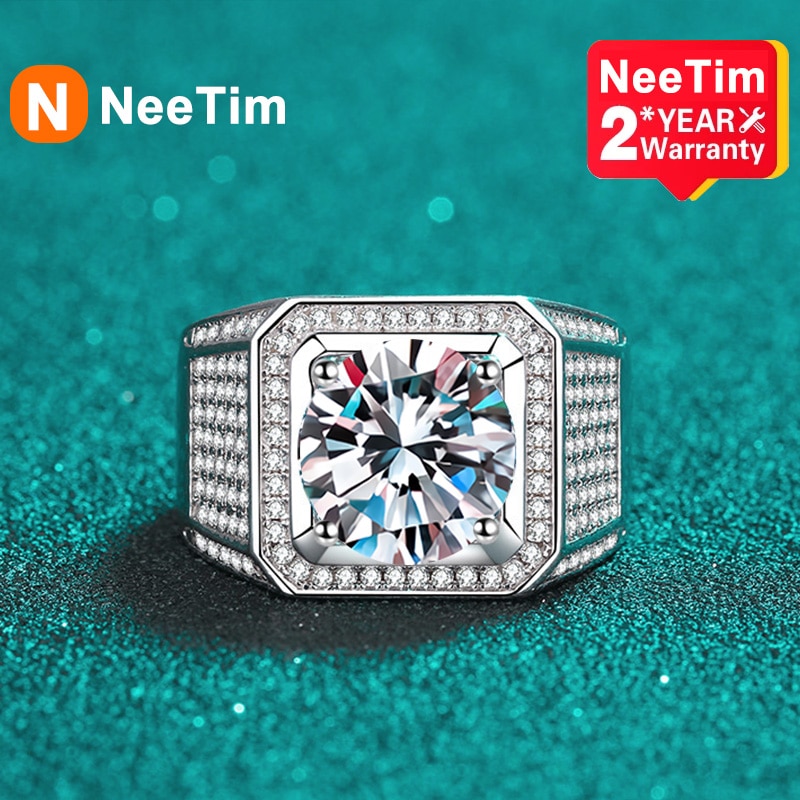 NeeTim D Color 10 Carat Moissanite Ring for Men S925 Sterling Silver Plated with White Gold Luxury Man Wedding Ring Fine Jewelry