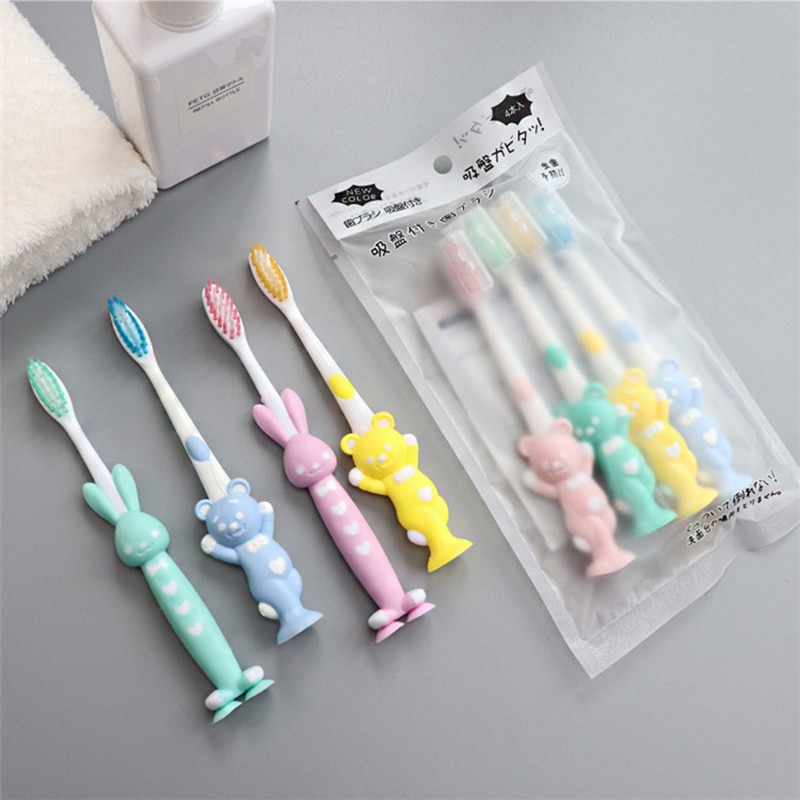 SMGSLIB 4Pcs Children's Soft Toothbrush Cute Bear And Rabbit Brush Dental Care Baby Toothbrushes With Suction Cup Oral Item