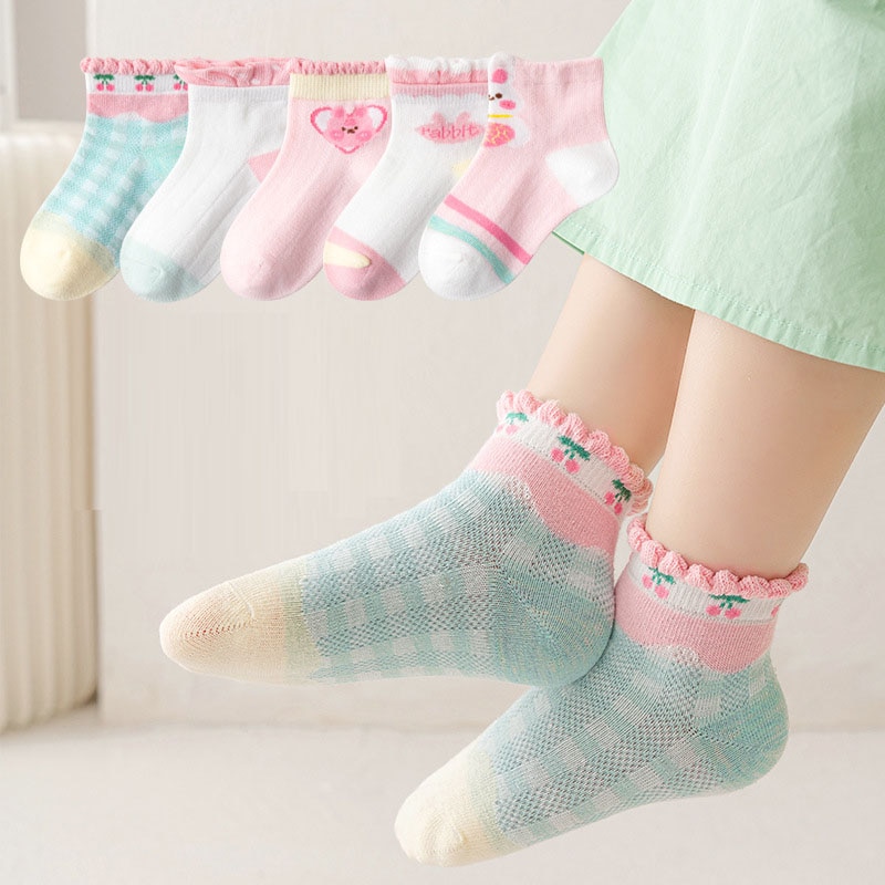 5 Pairs/Lot Kids Cotton Socks Girl Boy Baby Teen Student Cute Cartoon Fashion Soft Mesh For Summer 1-12 Years New Children Socks