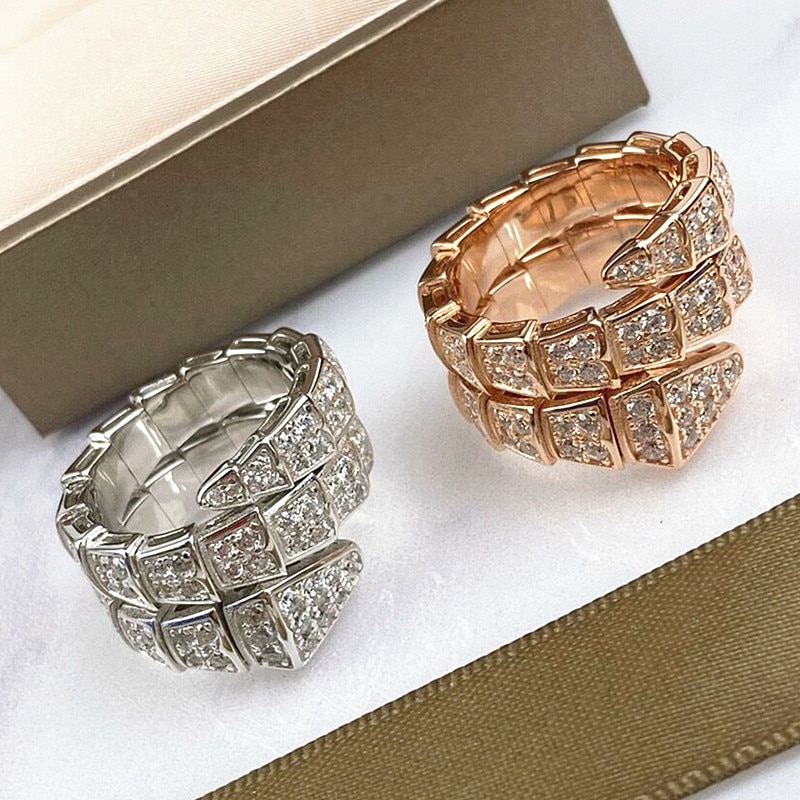 European classic jewelry 925 sterling silver zircon double ring snake bone ring Women's personalized high-end fashion brand
