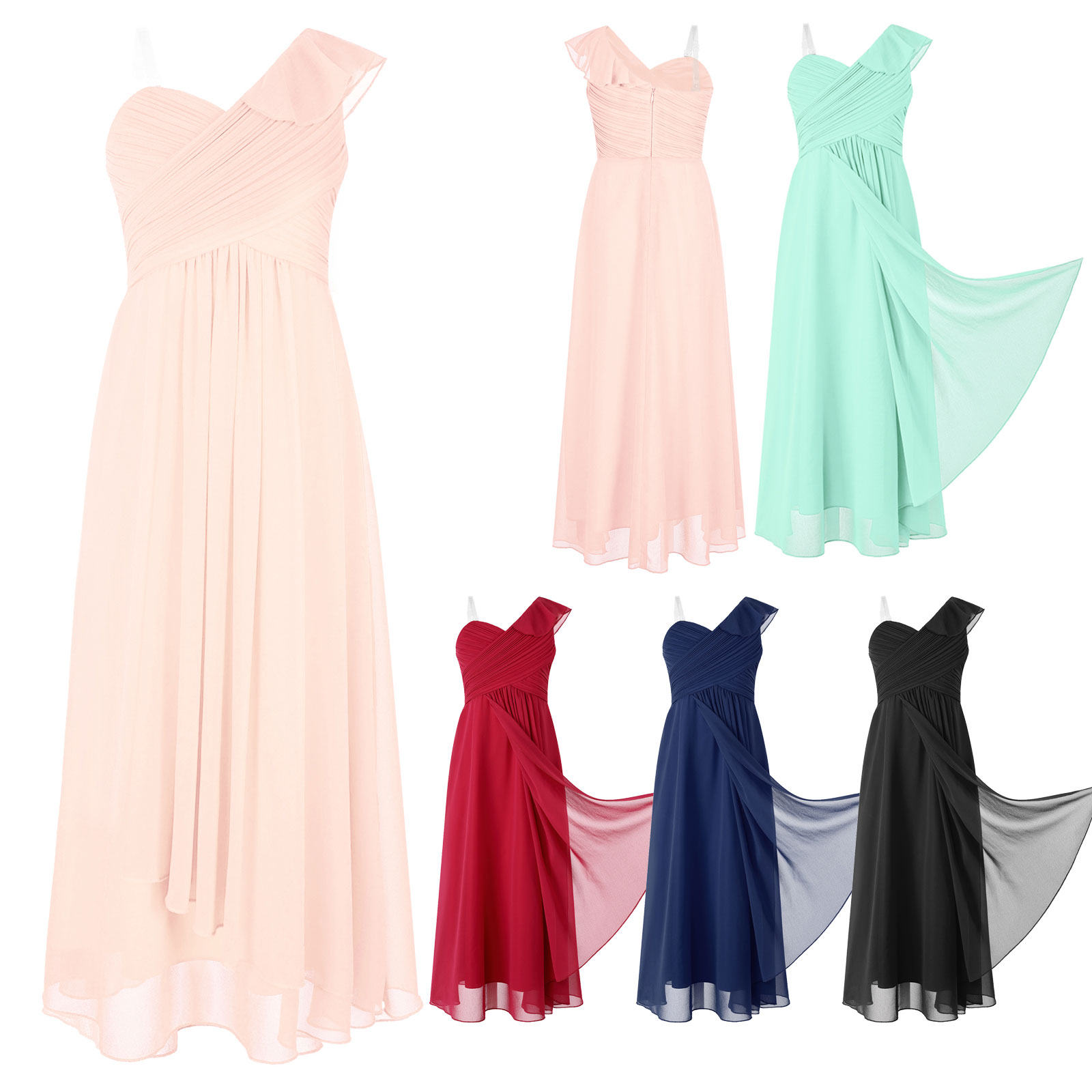 One-Shoulder Formal Princess Dress Chiffon Flower Girls Dress Floor-Length Wedding Party Dress Bridesmaid Princess Pageant Dress