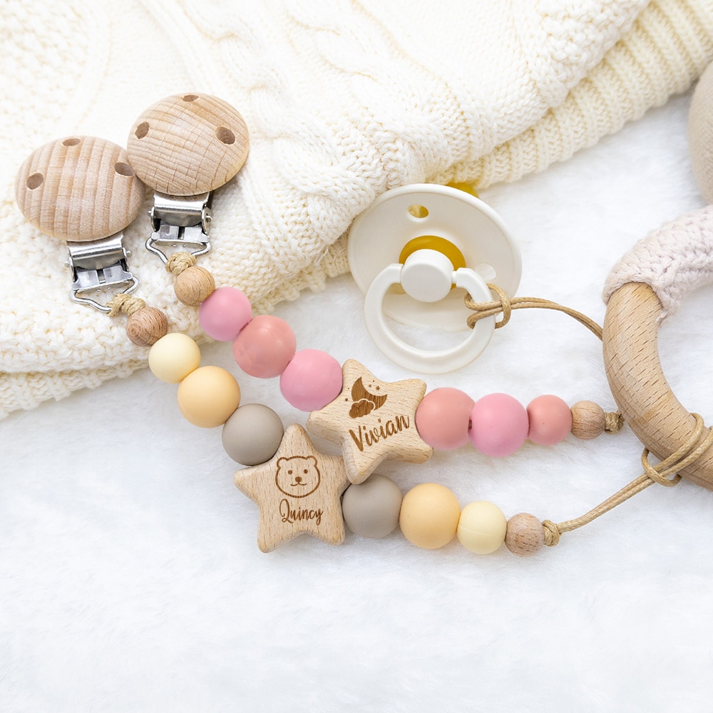Personalized Baby Pacifier Clip Custom Baby Name Dummy Clip Engraved Wood Pacifier Holder Baby Shower Newborn Gifts