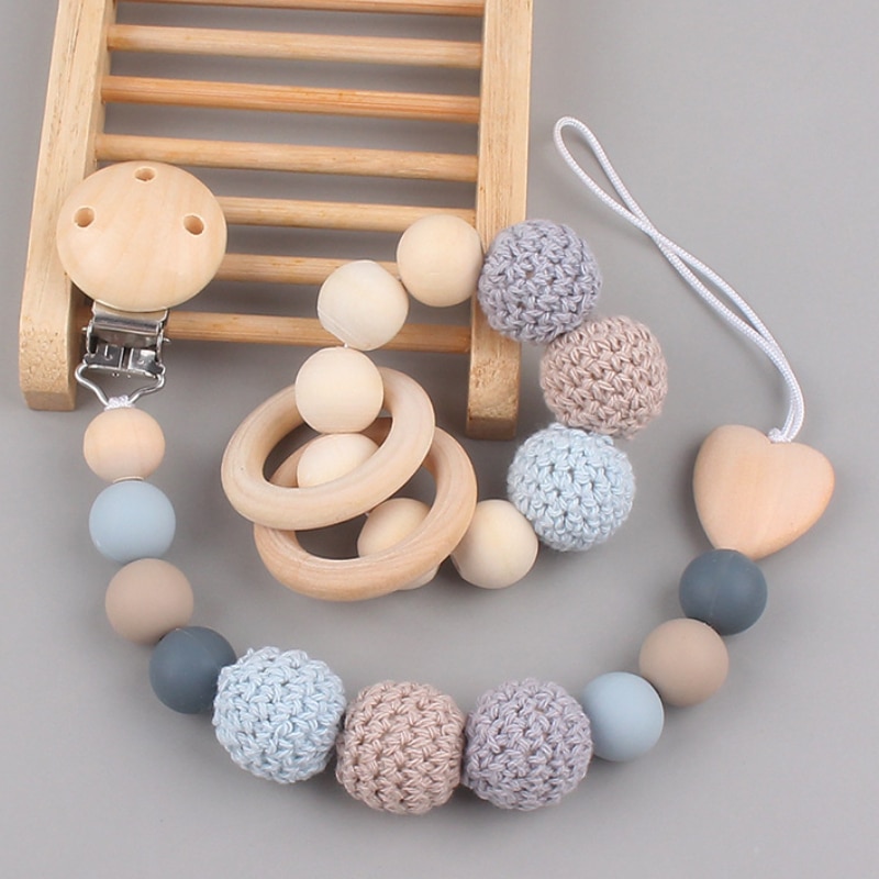 2Pcs Pacifier Clips Cute Beech Wooden Clip Geometric Crochet Beads Bag Wood Teether Baby Pacifier Holder Anti-drop Dummy Clips