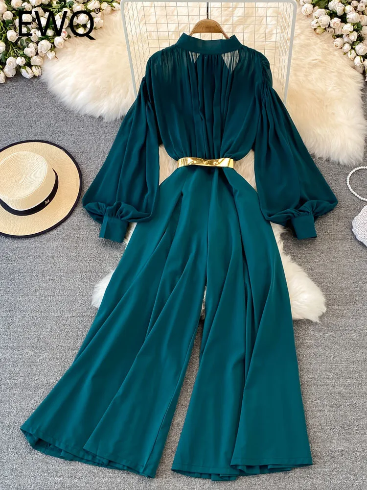 EWQ Sweet Style Women Jumpsuits Pleated Stand Collar Lantern Sleeve Solid Color Wide Leg Jumpsuit
