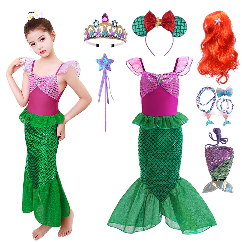 Halloween Elegant Girls Cosplay Sequin Mermaid Dress Up Christmas Children Backless Slim Kids Ariel Princess Birthday Party Gown