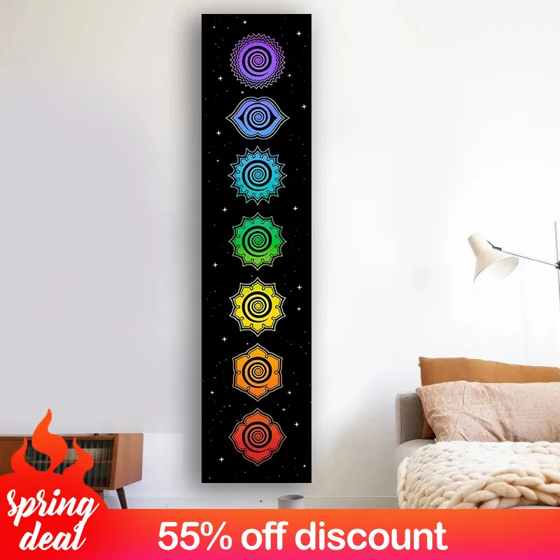 Rainbow Chakras Tapestry Buddhism Yoga Cosmic Energy Centers meditation Tapestries black Wall